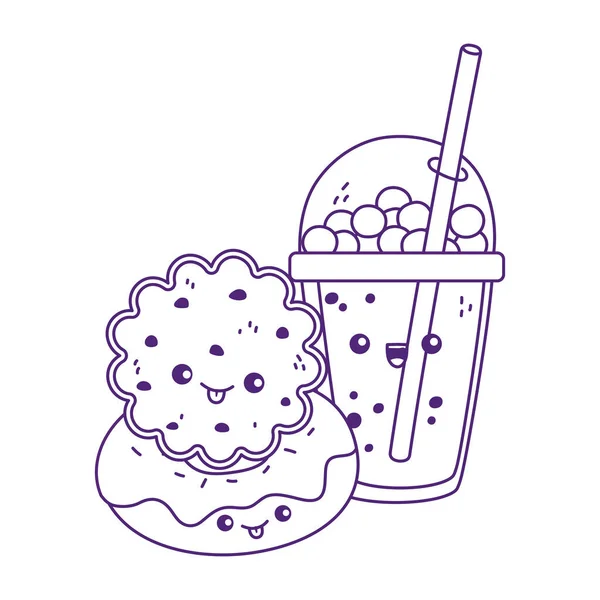 Niedliche Cookie und Donut Milchshake Kawaii Cartoon-Figur — Stockvektor