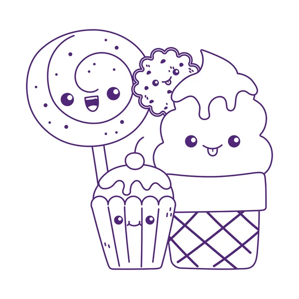 Tatlı çörek dondurmalı kurabiye ve çubuk kawaii çizgi film karakterinde şeker. — Stok Vektör
