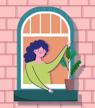 stay home quarantine, woman looking at the window with plant in pot, facade of the brick building clipart