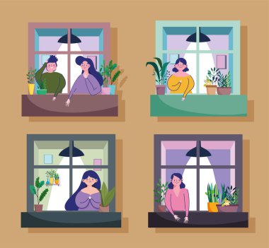 Evde karantina altında kalmak, insanların apartman penceresinden dışarı bakması.