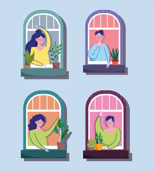 Сидеть дома карантин, женщины и мужчины размахивая руками в окнах — стоковый вектор