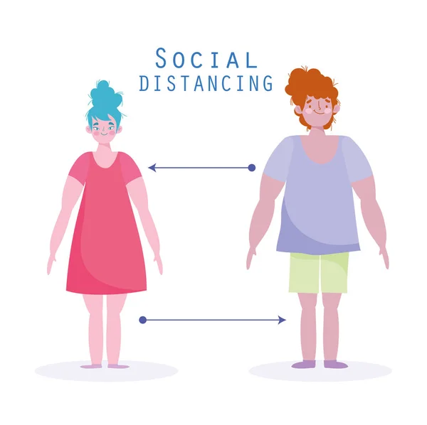 Covid 19, Prävention sozialer Distanzierung, Frau und Mann halten Abstand, verbreiten Krankheiten — Stockvektor