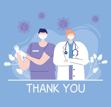 Teşekkürler doktorlar ve hemşireler, kadın hekim ve tıbbi maskeli hemşire ve stetoskop