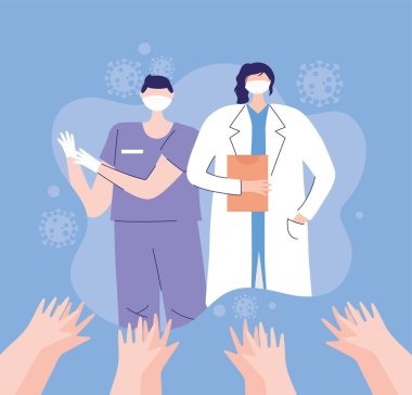 Teşekkürler doktorlar ve hemşireler, kadın doktor ve erkek hemşire maskeli ve el kaldıran