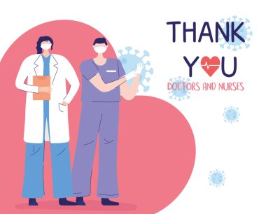 Teşekkürler doktorlar ve hemşireler, koruyucu maskeli kadın doktor ve erkek hemşire.
