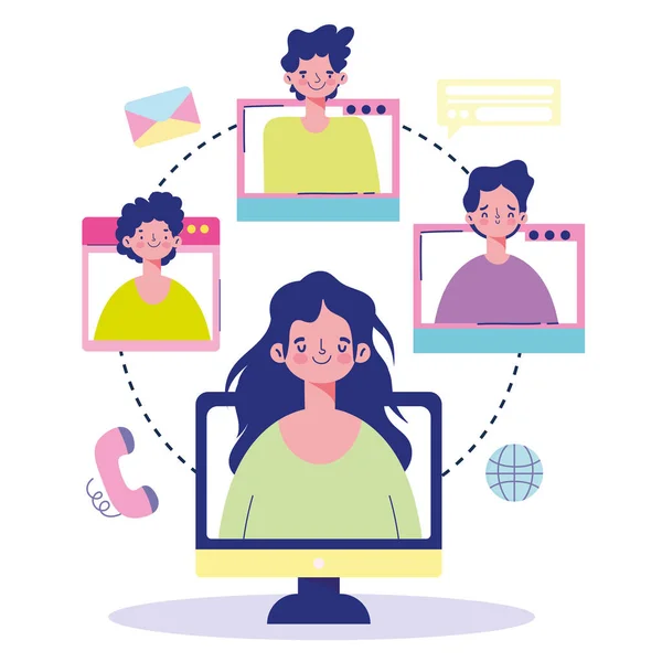 Incontro online, persone computer web collegato mondo comunicazione cartone animato — Vettoriale Stock