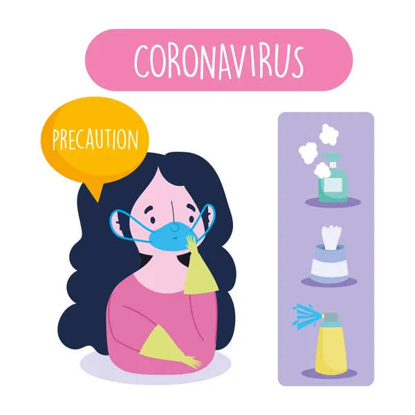 Covid 19 coronavírus infográfico, menina precaução com luvas de máscara, e recomendações de prevenção — Vetor de Stock