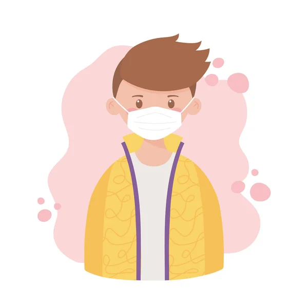 Jong jongetje draagt medisch masker, preventie coronavirus ziekte covid 19 — Stockvector