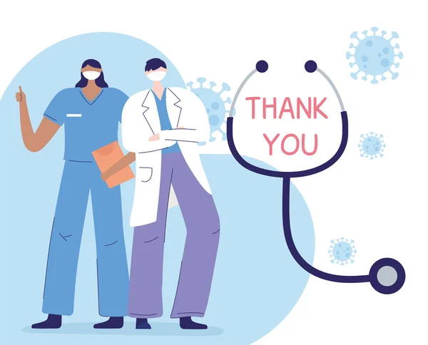 Děkuji lékařům a sestrám, lékaři a sestrám s lékařskou zprávou a stetoskopem — Stockový vektor