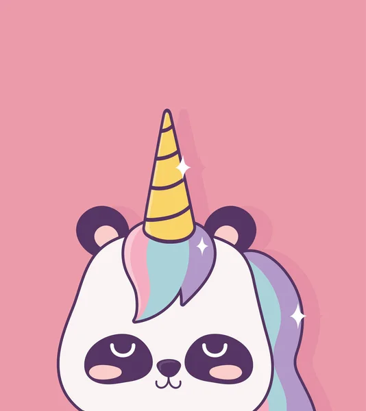 Kawaii panda con corno unicorno personaggio dei cartoni animati fantasia magica — Vettoriale Stock