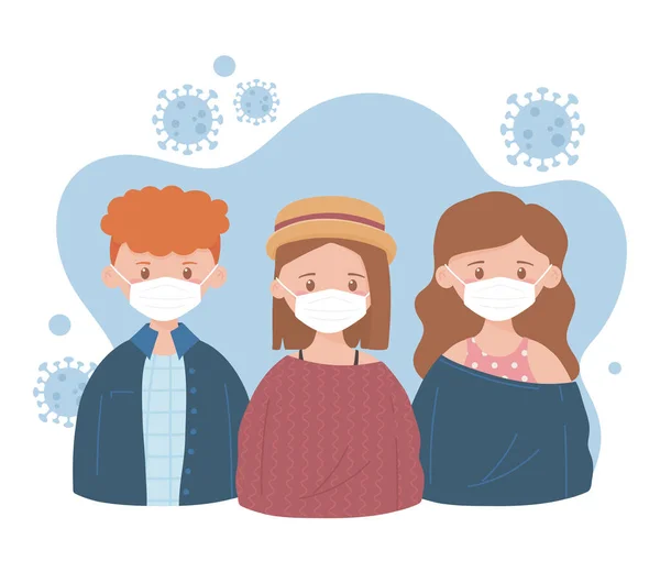 Anak perempuan dan anak laki-laki dengan topeng medis, rekomendasi pencegahan, coronavirus covid 19 - Stok Vektor