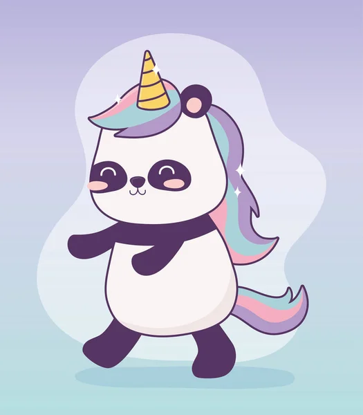 Kawaii panda avec costume licorne personnage de dessin animé magique fantaisie — Image vectorielle