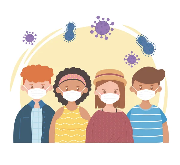 Kelompok anak muda dengan pelindung topeng karakter, pandemi coronavirus covid 19 - Stok Vektor