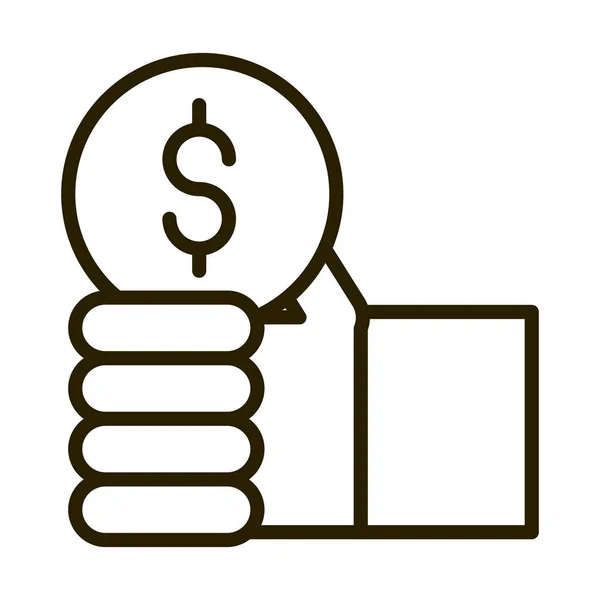 Ręka z monety pieniądze finansowe biznes giełda linia styl ikona — Wektor stockowy