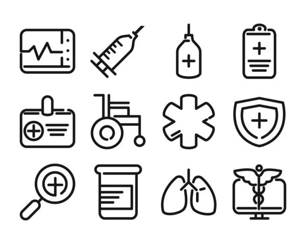 Медицинское и медицинское оборудование помощь иконки набор стиль линии — стоковый вектор