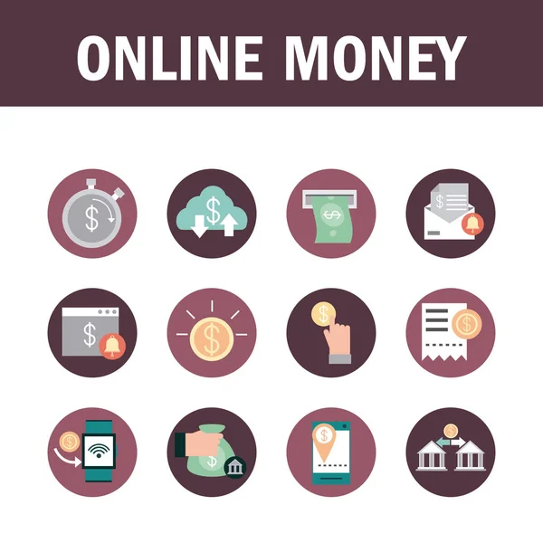 Mobile banking, paiement financier argent business icônes set block style — Image vectorielle