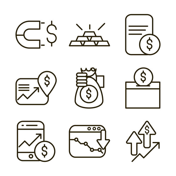 stock market financial business economy money icons set line style icon