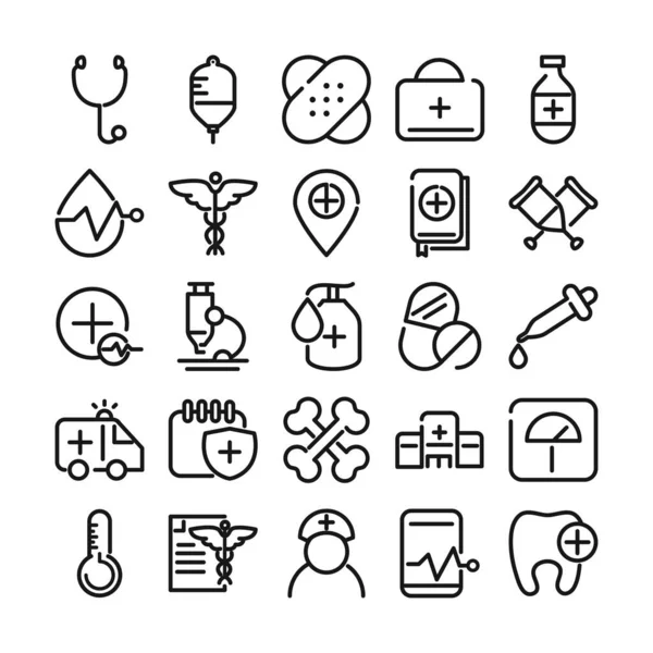 Medical and health care equipment assistance icon set line style — Stock Vector