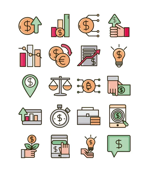 Beleggen bedrijf financiële economie geld pictogrammen lijn en vul pictogram — Stockvector