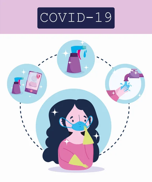 Covid 19 coronavirus infographic, dívka s lékařskou maskou, prevence — Stockový vektor