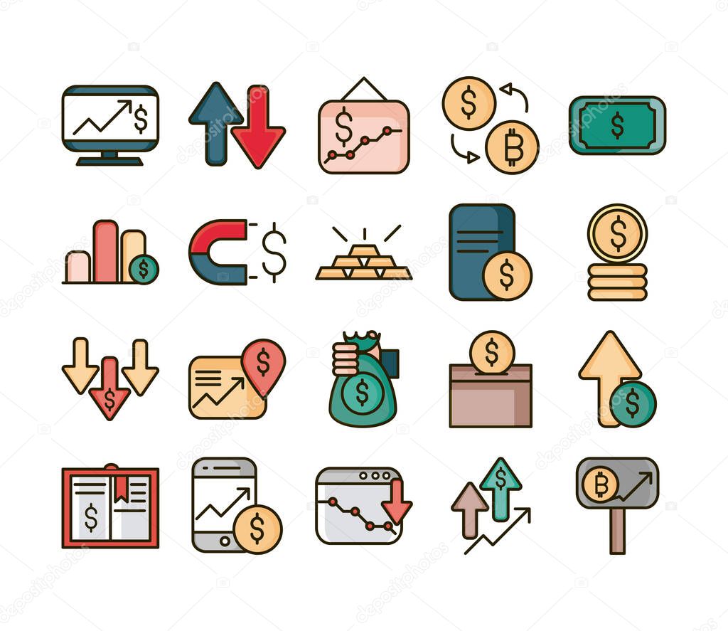 stock market financial business economy money icons set line and fill icon