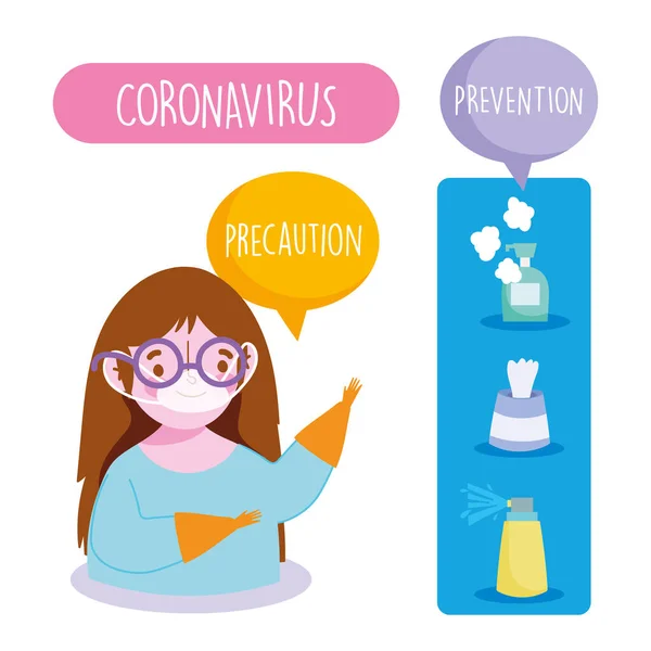 Covid 19 Coronavirus Infographic, tıbbi maskeli kız, önleme spreyi — Stok Vektör