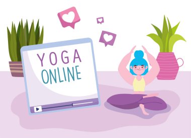 Online yoga, yoga yapan genç bir kadın. Nilüfer pozu, meditasyon, başvuru.