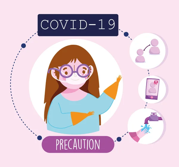 Covid 19 coronavírus infográfico, menina precaução com máscara, lavar as mãos, distanciamento social — Vetor de Stock