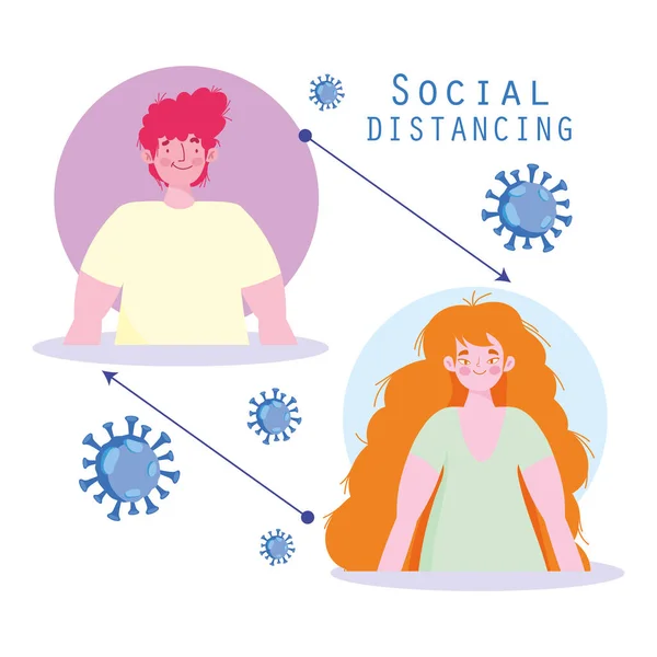Covid 19, preventie sociale afstand, voorzorgsmaatregelen houden mensen op afstand, uitbraken van ziekte — Stockvector
