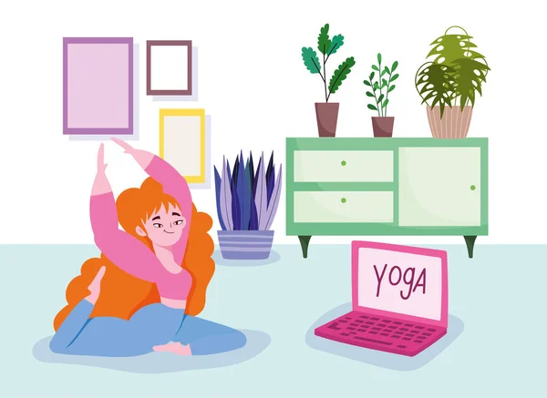 Online yoga, woman on floor with laptop practicing yoga in room — Stock Vector