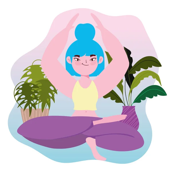 Yoga en ligne, jeune femme sur le sol avec lotus position yoga dessin animé — Image vectorielle