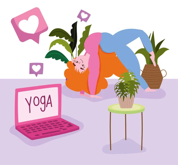 Online yoga, woman in pose yoga with laptop and potted plants room — Stock Vector