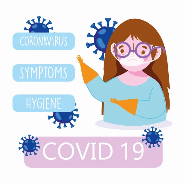 Covid 19 coronavirus infographic, dívka s lékařskou maskou,, příznaky — Stockový vektor