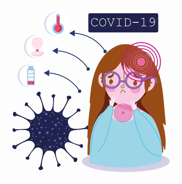 Covid 19 coronavirus infographic, ασθενής με πονόλαιμο, κεφαλαλγία, κόπωση — Διανυσματικό Αρχείο