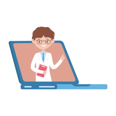 Dizüstü bilgisayar vektör tasarımının içinde izole edilmiş bir adam.