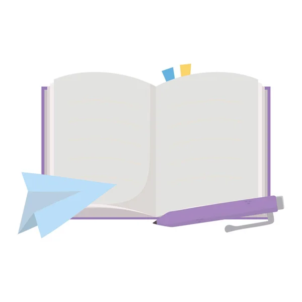 孤立した学校の本の紙飛行機とペンベクトルのデザイン — ストックベクタ