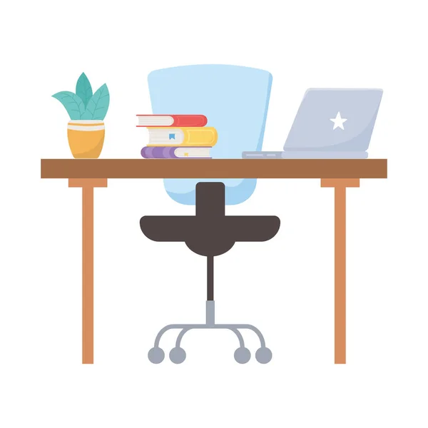Diseño vectorial aislado de plantas y portátiles de libros de escritorio de sillas de oficina — Vector de stock
