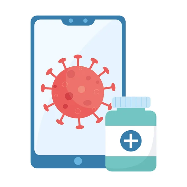 Covid 19 virus smartphone and medicine jar vector design — 스톡 벡터