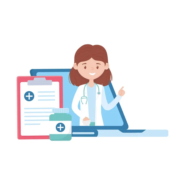 Femme médecin pot de médecine et document vectoriel design — Image vectorielle