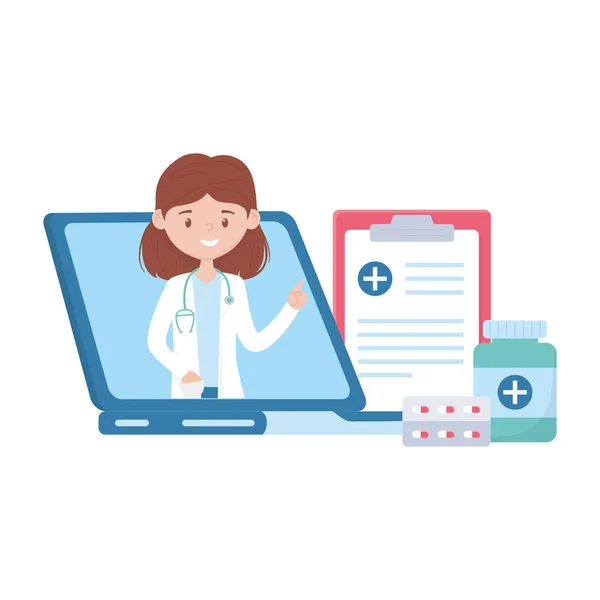 Mujer médico medicina tarro y documento vector de diseño — Vector de stock