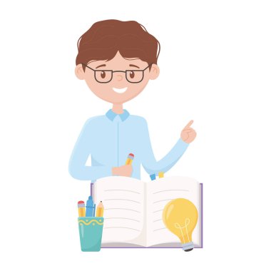 Kalem kupa ampulü ve kitap tasarımı kullanan okul çocuğu.