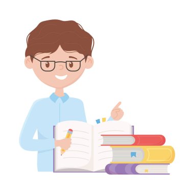 Kalem ve kitap vektör tasarımlı okul çocuğu.
