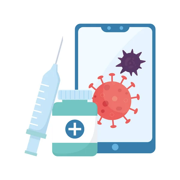 Covid 19 virus smartphone and medicine jar vector design — 스톡 벡터