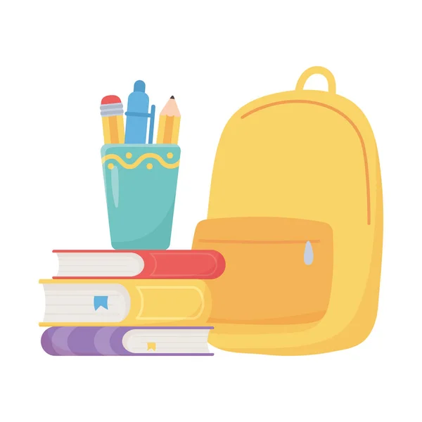 Изолированные школьные сумки карандаши кружка и книги векторный дизайн — стоковый вектор