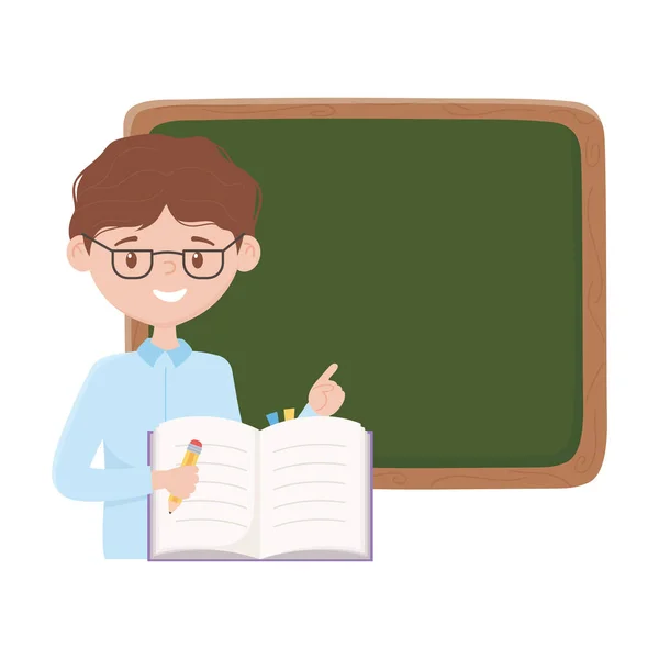 School boy with pencil board and book vector design — Stock Vector
