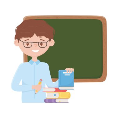 Kalem tahtası ve kitap vektör tasarımlı okul çocuğu.