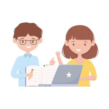 Liseli kız dizüstü bilgisayar ve kitap vektörü tasarımı