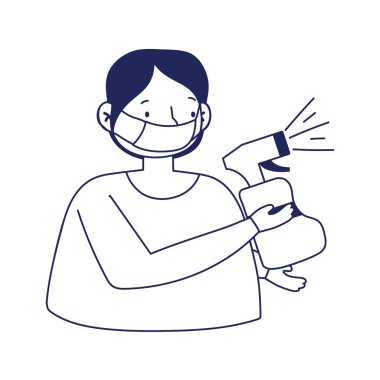 Maskeli ve sprey şişe vektör tasarımlı adam.