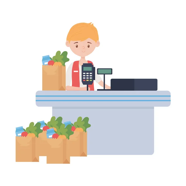 Counter with cash register seller and products vector design — Stock Vector