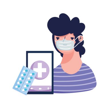 Maske hapları ve akıllı telefon vektör tasarımı olan izole bir adam.